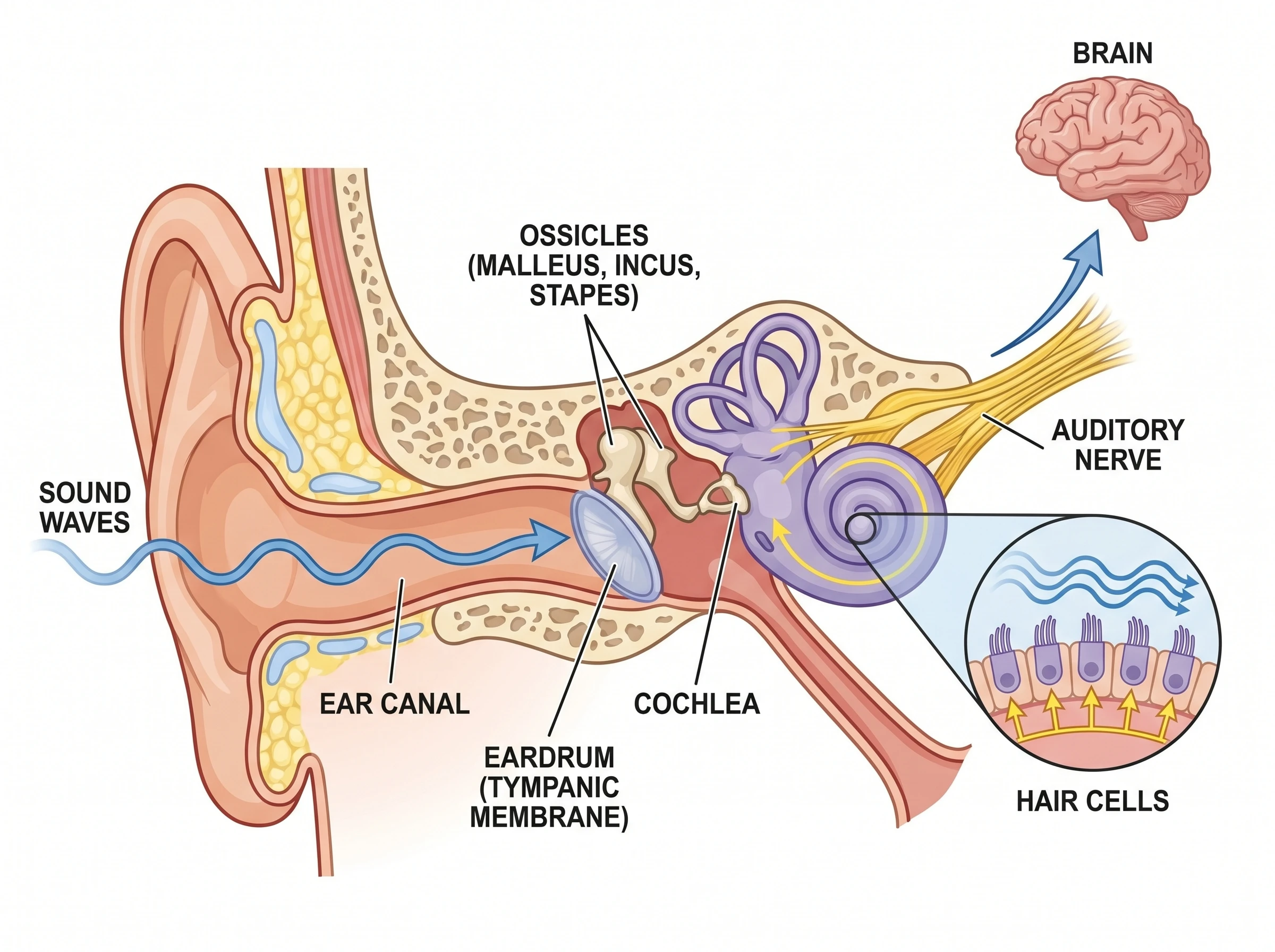 Inner Ear Cochlea and Auditory Hair Cells Diagram